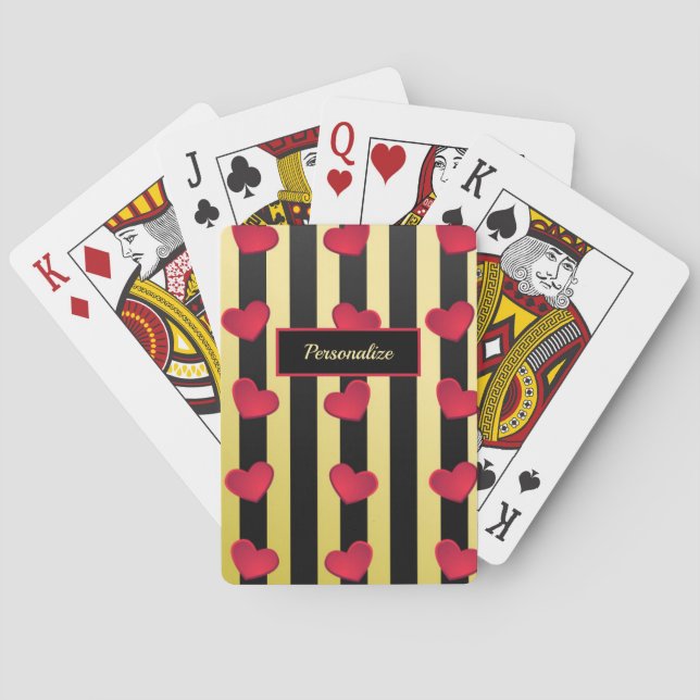 Romantic Hearts Black & Gold Stripes Personalize Playing Cards (Back)