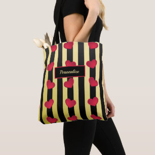 Romantic Hearts Black & Gold Stripes Personalize Tote Bag