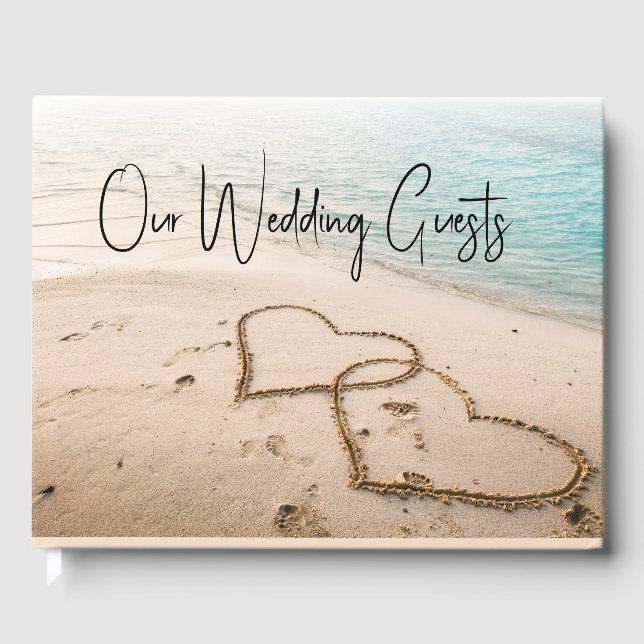 Romantic Hearts in Sand Beach Wedding Guest Book (Front)