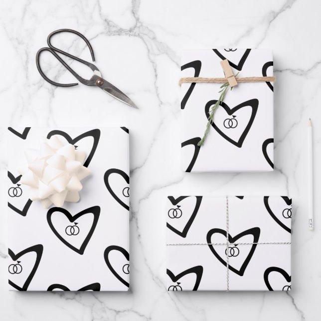 Romantic Hearts Rings Black Pattern Wedding Wrapping Paper Sheet (Front)