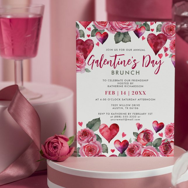 Romantic Hearts & Roses Galentine's Day Brunch Invitation (Creator Uploaded)