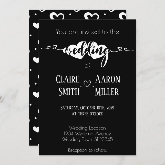 Romantic hearts white on black wedding invitation (Front/Back)