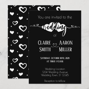 Romantic hearts white on black wedding invitation