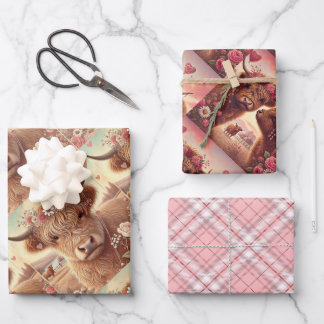 Romantic Highland Cow Valentine's Day Wrapping Paper Sheet