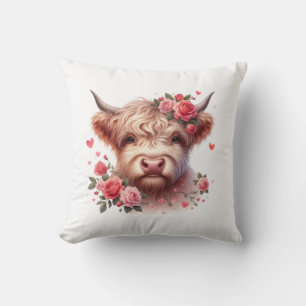 Romantic Highland Cow with Roses and Hearts – Whim Throw Pillow