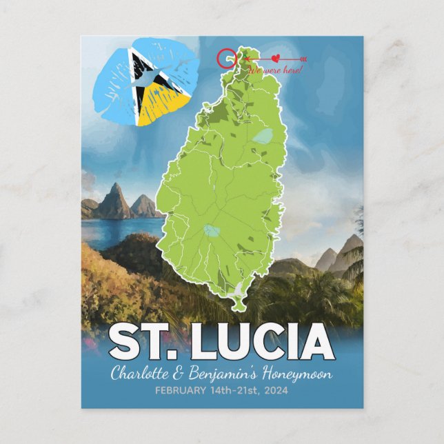 Romantic Honeymoon Caribbean St Lucia Map Postcard (Front)
