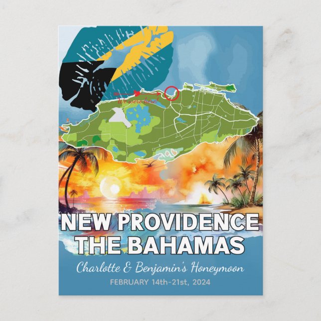 Romantic Honeymoon New Providence Bahamas Map Postcard (Front)