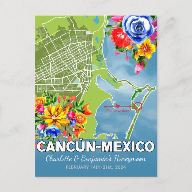 Romantic Honeymoon Vacation Cancun Mexico Map Postcard (Front)