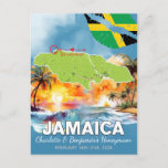 Romantic Honeymoon Vacation Jamaica Island Map Postcard<br><div class="desc">Enjoy a little reminder of your romantic honeymoon vacation on the Caribbean island of Jamaica, with this customizable postcard, featuring the island map, with tropical beach scenes and sunsets, and an ocean watercolor background. Customize with your own names and your honeymoon dates. You can also Edit using the Design Tool,...</div>