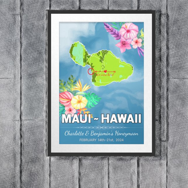Romantic Honeymoon Vacation Maui Hawaii Map Poster (Maui Hawaii Map Honeymoon Vacation Poster - Sketch Mockup)