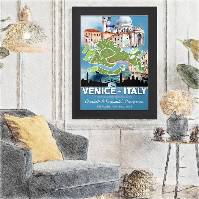 Romantic Honeymoon Vacation Venice Italy Map Poster (Romantic Honeymoon in Venice Poster - Sketch Mockup)