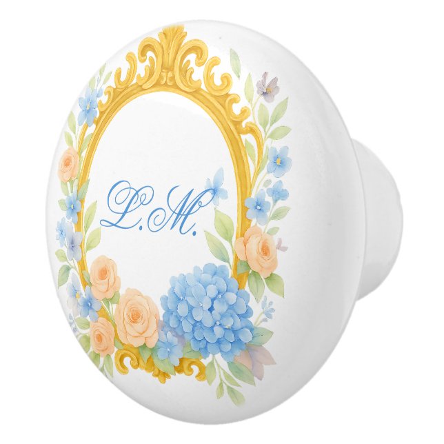 Romantic Hydrangea Gold Frame Floral Monogram Ceramic Knob (Right)