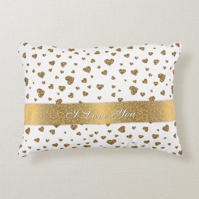 Romantic “I Love You” gold faux glitter hearts Decorative Pillow (Front)