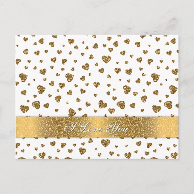 Romantic “I Love You” gold faux glitter hearts Postcard (Front)