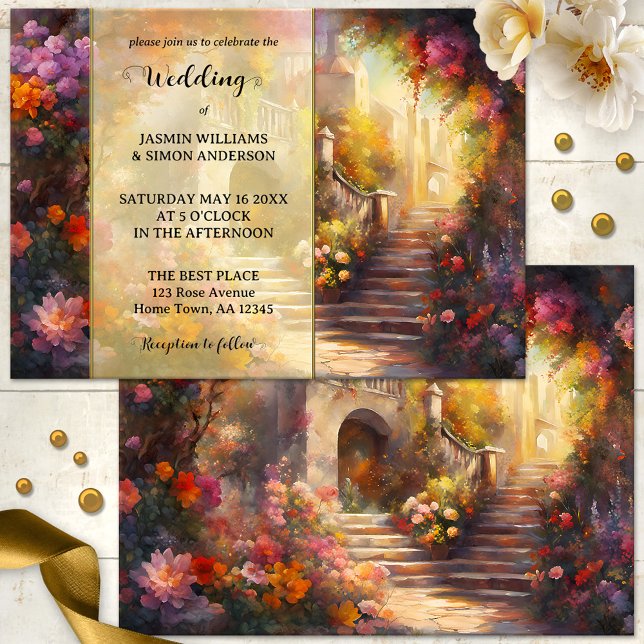 Romantic Italian Floral Art Wedding  Invitation (Wedding invitation featuring a dreamy artistic scene inspired by an Italian summer)