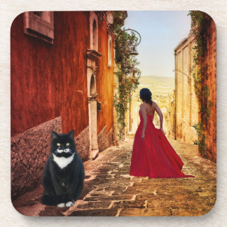 Romantic Italian Village Tuxedo Cat Coaster