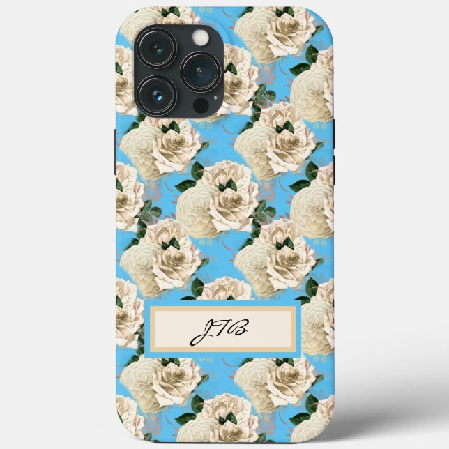 Romantic Ivory Roses on Fresh Sky Blue Case-Mate iPhone Case (Back)