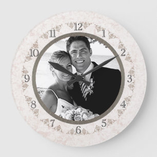 Romantic Ivory Scallop Wedding Photo Large Clock
