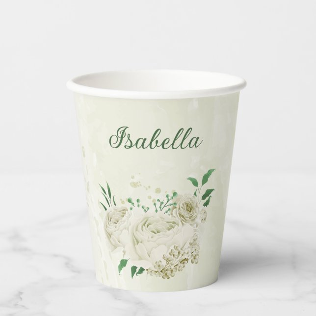 Romantic ivory white flowers greenery paper cups (Front)