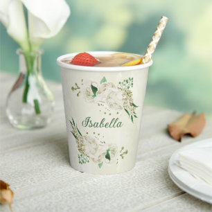 Romantic ivory white flowers greenery paper cups