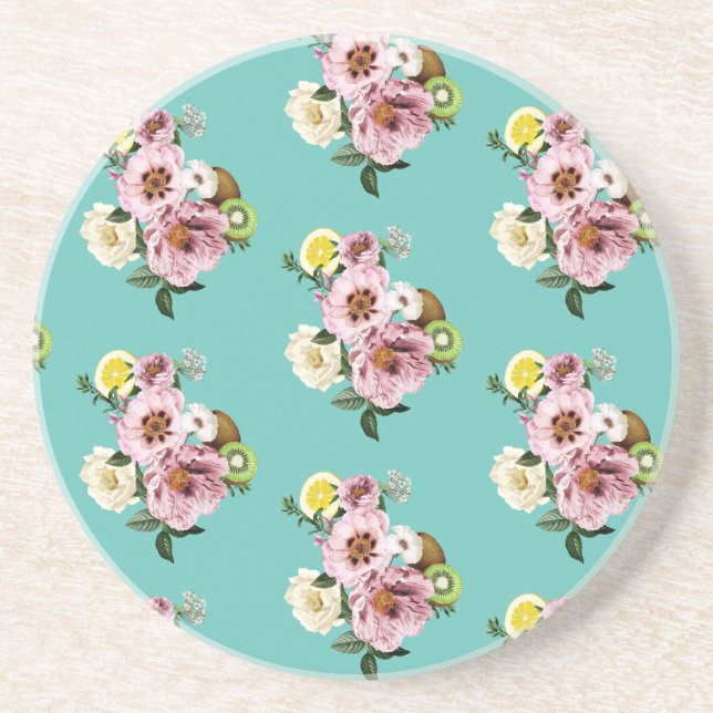 Romantic kiwi, lemon and peony pattern  coaster (Front)