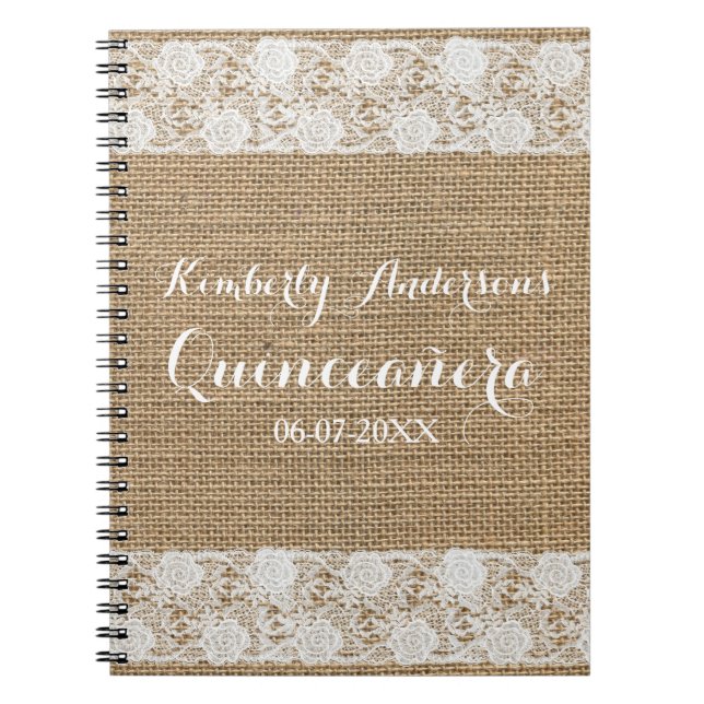 Romantic Lace and burlap Quinceañera Guest Book (Front)