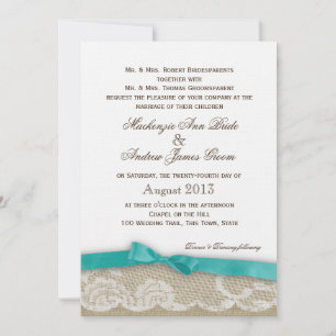 Romantic Lace and Dark Aqua Bow Wedding Invitation
