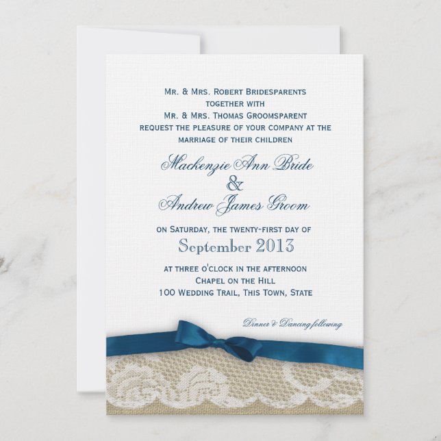 Romantic Lace and Navy Bow Wedding Invitation (Front)