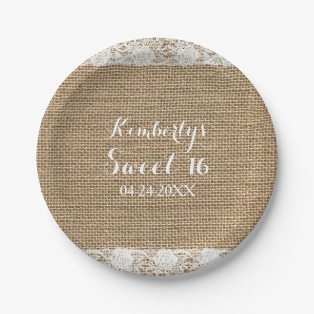 Romantic Lace burlap 16th Birthday Paper Plates (Front)