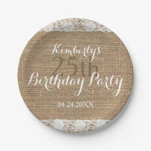 Romantic Lace burlap 25th Birthday Paper Plates