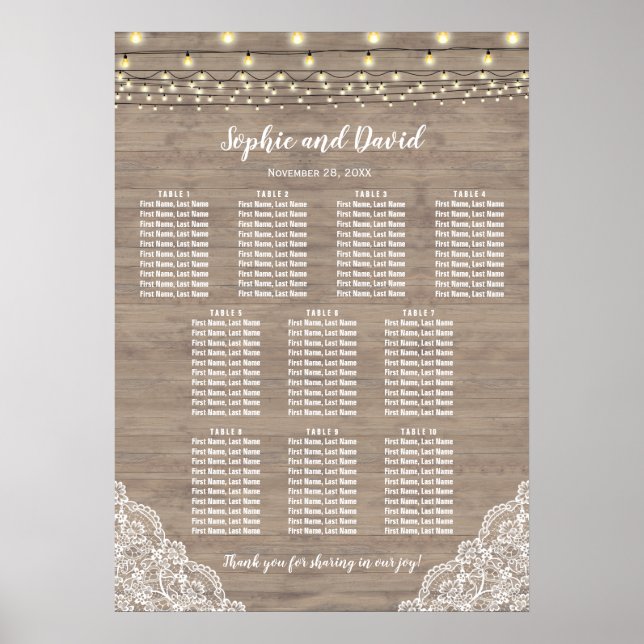Romantic Lace String Lights Wedding Seating Chart (Front)