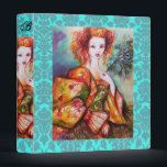 ROMANTIC LADY AND PEACOCK FEATHER,Teal Blue Damask Binder<br><div class="desc">Elegant , colourful , classy, whimsical monogram design in bright green, yellow orange , teal, turquase, white colours .Beautiful sophisticated brunette woman, red, green sparkling gold fabrics of a baroque costume with aqua blue peacock feathers .Original watercolor painting with golden foil and iridescent colours .This cool and artistic card is...</div>