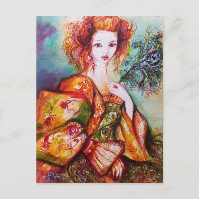 ROMANTIC LADY AND PEACOCK FEATHER Teal Blue Damask Postcard (Front)