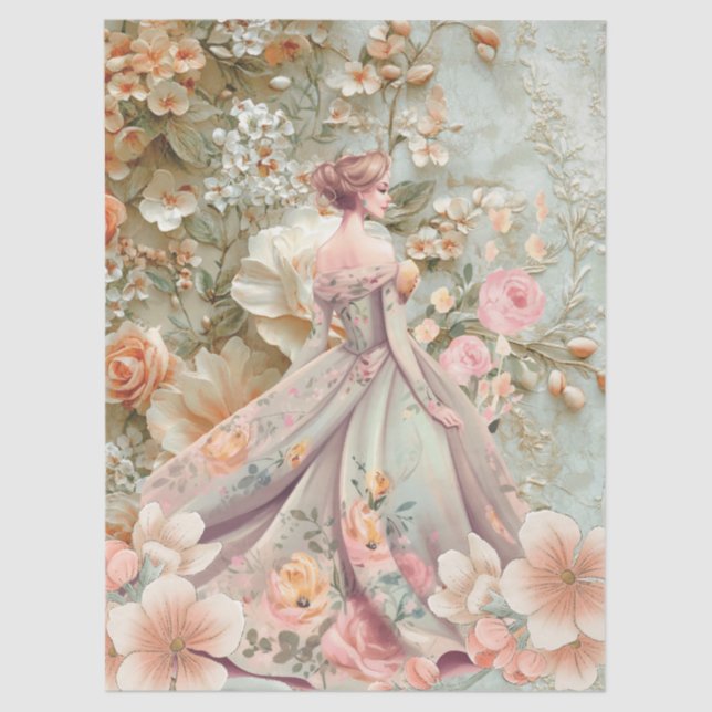 Romantic Lady In Floral Dress Decoupage Paper (Front)