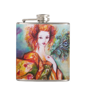 ROMANTIC LADY WITH PEACOCK FEATHER HIP FLASK