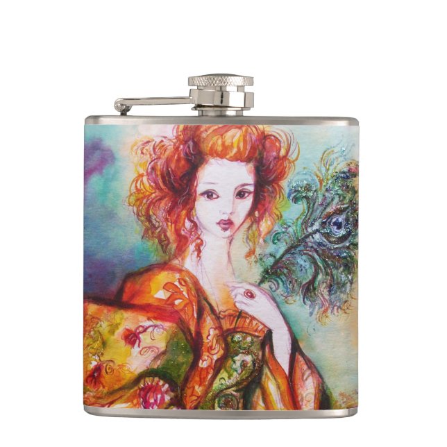 ROMANTIC LADY WITH PEACOCK FEATHER HIP FLASK (Front)