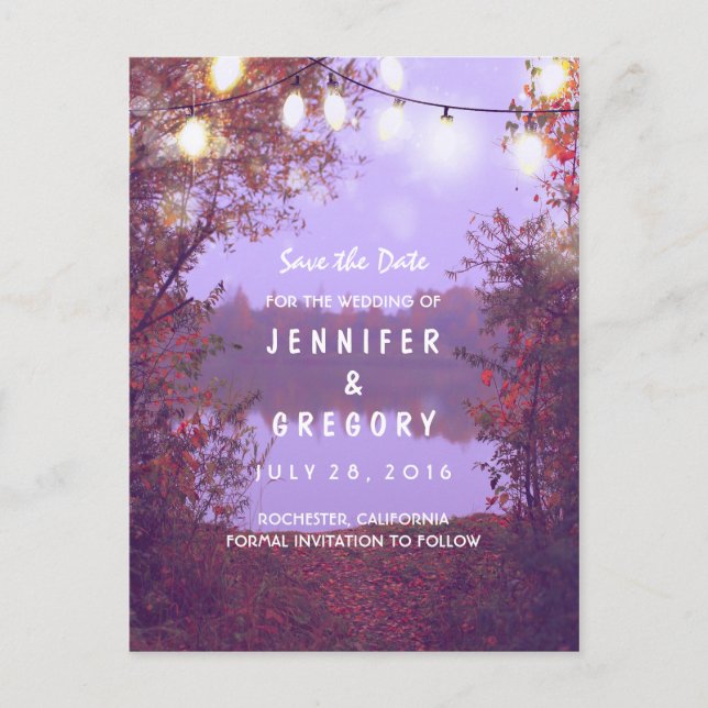 Romantic Lake & String Lights Save The Date Announcement Postcard (Front)