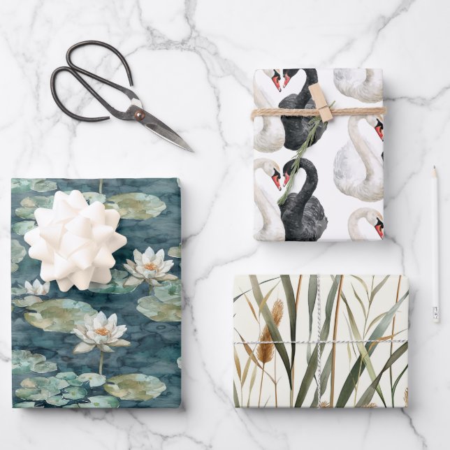 Romantic Lake Swans Bridal Shower Wrapping Paper Sheet (Front)