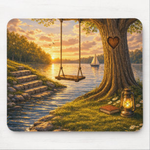 Romantic Lakeside Tree Swing Mouse Pad