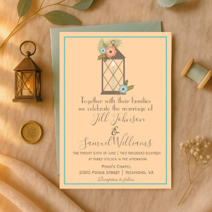 Romantic Lantern Soft Peach & Aqua Floral Wedding Invitation