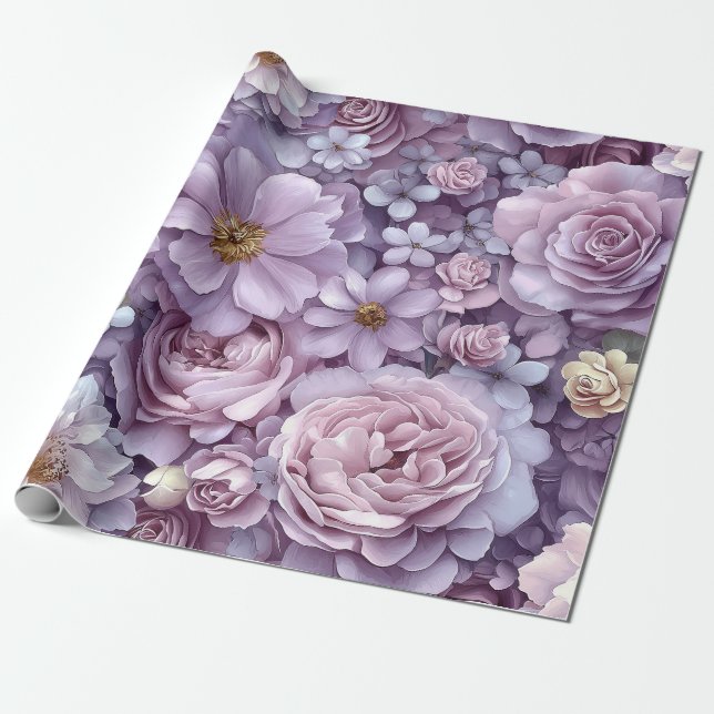 Romantic Lavender and Blush Watercolor Floral Wrapping Paper (Unrolled)