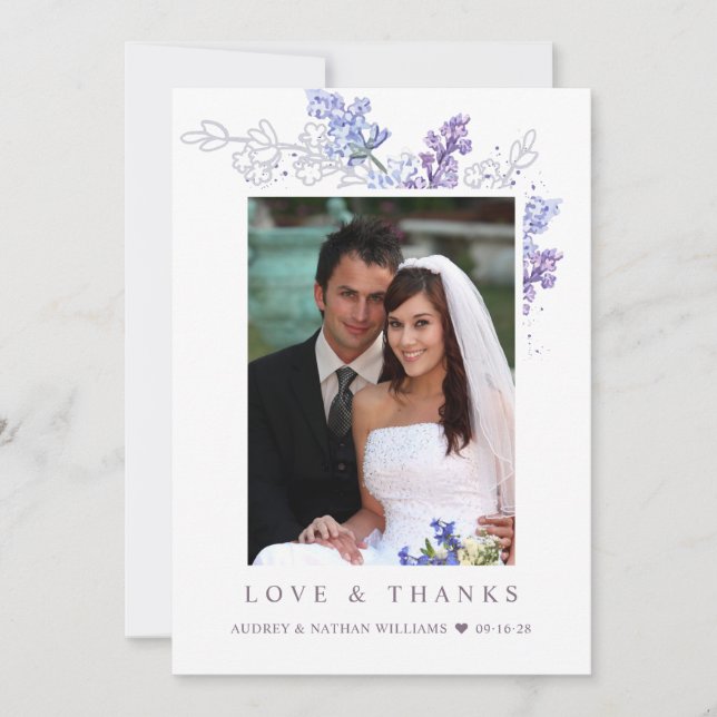 Romantic Lavender Floral Photo Wedding Thank You Card (Front)