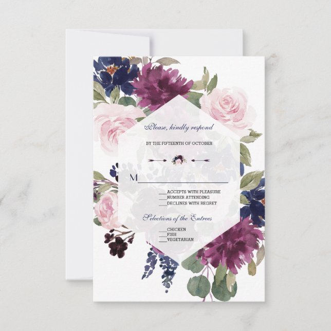 Romantic Lavender Navy Blue Floral Bloom Wedding RSVP Card (Front)