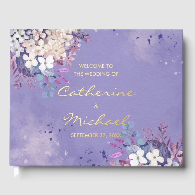 Romantic Lavender Watercolor Floral Spring Wedding Guest Book (Front)