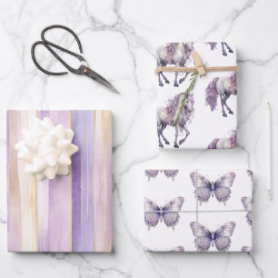 Romantic Lavender White Horse Stripes Birthday Wrapping Paper Sheet