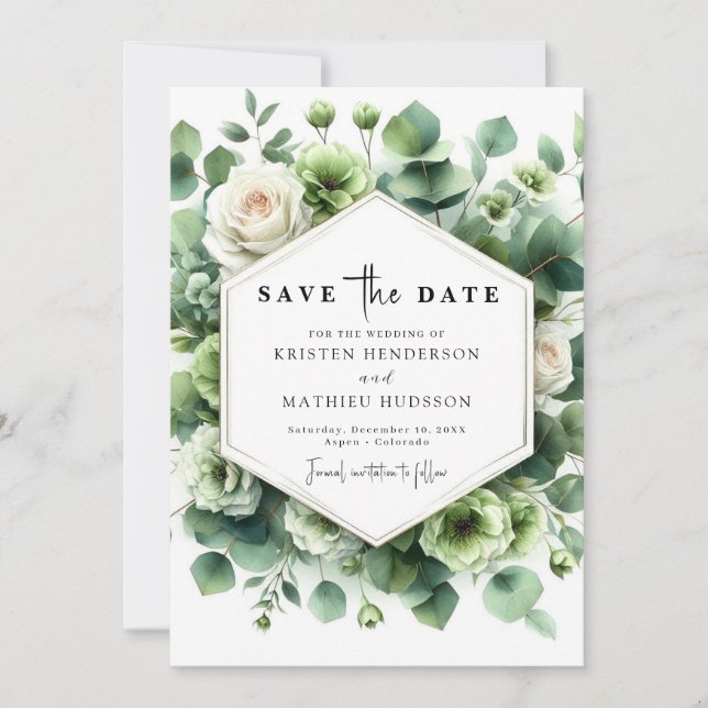 Romantic Leaf Eucalyptus Digital Wedding Save The Date (Front)