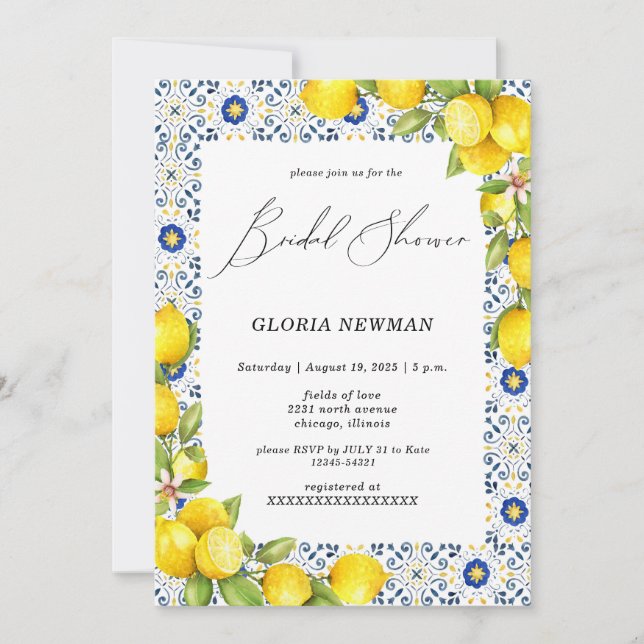 Romantic Lemons and blue Tiles Bridal Shower Invitation (Front)
