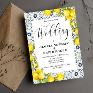 Romantic Lemons and blue Tiles Wedding Invitation