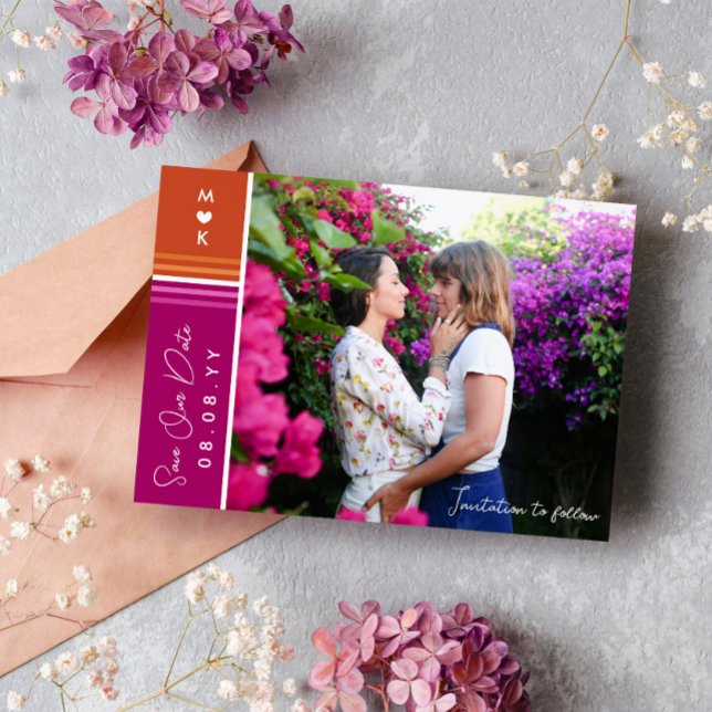 Romantic Lesbian Flag Stripes Wedding Photo Save The Date (Creator Uploaded)