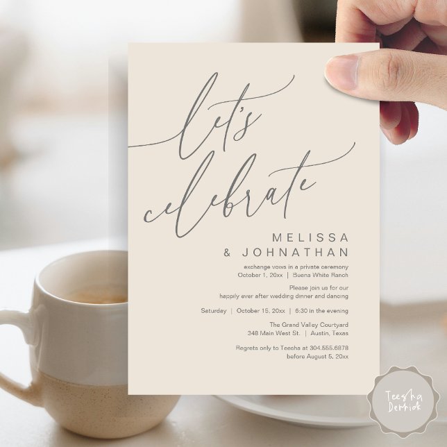 Romantic Let's Celebrate Wedding Elopement Party Invitation (Let's Celebrate, Romantic Charm Wedding Elopement Dinner Party Brunch Invites Card PDF Grey Cream)